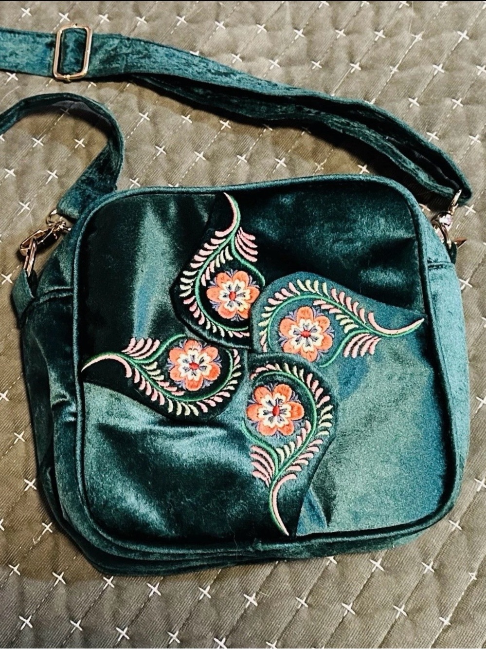 Embroidered Emerald Velvet Crossbody Bag